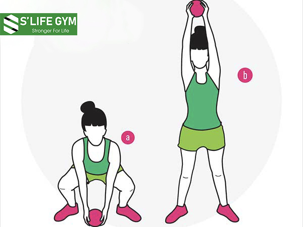 Medicine Ball Squat With Overhead Lift - Bài tập gym tăng cơ cho nữ